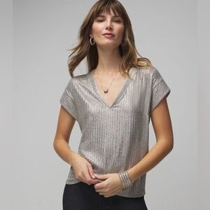 WHBM White House Black Market Short Sleeve Rib Power Tee Grey Silver Metallic S‎